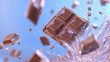 A chocolate bar with chocolate chips and crumbs falling off of it photo