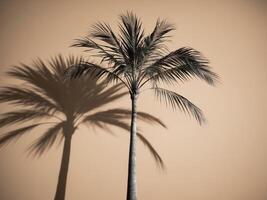 A leafy palm tree casts a shadow on a tan background. photo