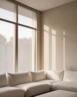 A living room with a large window and a white couch. photo