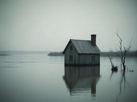 A small house is floating in a flooded river. photo
