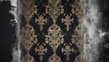 Antique Gold Damask Design on Distressed Black Background. photo