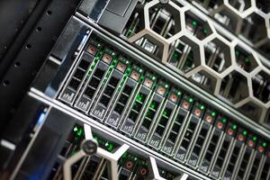 The server room tells the computer server that is working continuously. Convey the power and progress photo