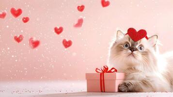 A cat is laying on a table with a pink box in front of it photo