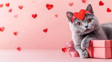 A grey cat is laying on a table next to a brown box with a red ribbon photo