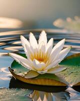 Beautiful Water Lily with Dew Drops on Green Lily Pads in a Tranquil Pond Setting. photo