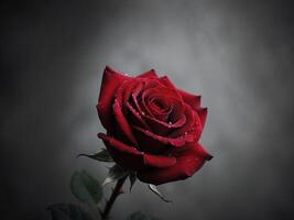 Beautiful Red Rose with Dew Drops on Dark Background. photo