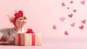 A cat with a heart on its head is laying on a pink background photo
