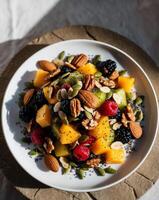 Captivating Shots of Fruit Salads with Nuts and Seeds for Adding Crunch and Nutritional Value. photo