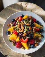 Captivating Shots of Fruit Salads with Nuts and Seeds for Adding Crunch and Nutritional Value. photo