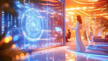 A computer screen shows three people in a futuristic setting photo