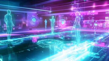 A computer screen shows three people in a futuristic setting photo