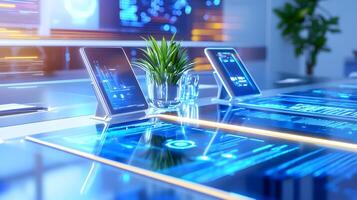 A table with a plant on it and a computer monitor photo