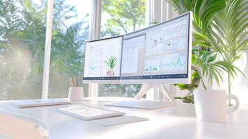 A computer monitor is on a desk with a plant next to it photo