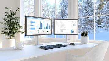 A computer monitor is on a desk with a plant next to it photo
