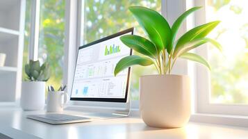 A computer monitor is on a desk with a plant next to it photo