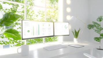 A computer monitor is on a desk with a plant next to it photo