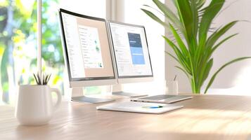 A computer monitor is on a desk with a plant next to it photo