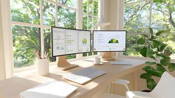 A computer monitor is on a desk with a plant next to it photo