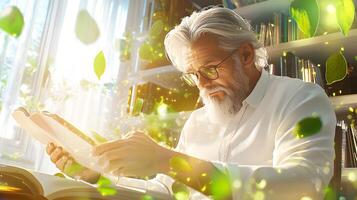 A man is reading a book with a leafy background photo