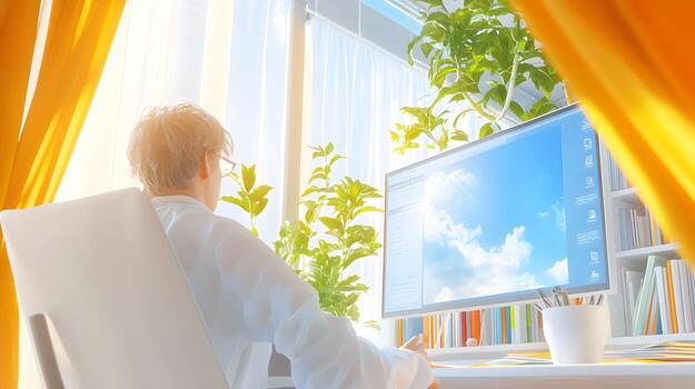 A man is sitting at a desk with a computer monitor in front of him photo
