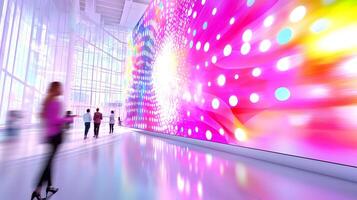 A group of people walking in a hallway with a large pink wall photo