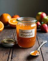 Jar of orange marmalade on rustic table with fruits in background. photo