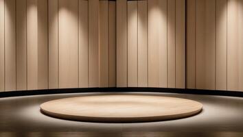 Modern empty stage with circular wooden platform and vertical wood panel backdrop in dim lighting. photo