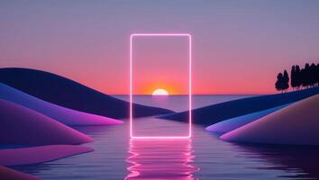 Neon Sunset Over Calm Lake with Glowing Rectangle Portal and Abstract Landscape. photo