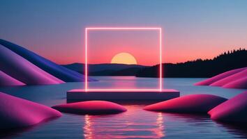 Neon Sunset Over Calm Lake with Glowing Rectangle Portal and Abstract Landscape. photo