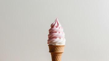 Soft serve ice cream cone with a swirl of pink. photo