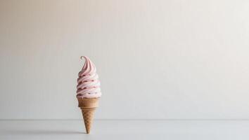 Soft serve ice cream cone with a swirl of pink. photo