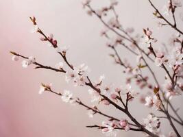 Spring Floral Frame with Blossoming Cherry Branches and White Flowers on a Soft Pink Background for a Serene and Elegant Design. photo