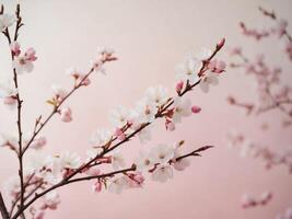 Spring Floral Frame with Blossoming Cherry Branches and White Flowers on a Soft Pink Background for a Serene and Elegant Design. photo