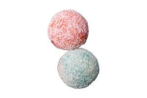 Delicious colorful asian mochi sweets with rice dough shell and fruit filling photo