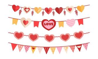 Valentines Day garlands with flat hearts. Paper decorations on string. elements on white background vector