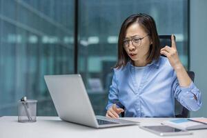 Asian woman at office desk expressing frustration looking at her laptop. Her suspicious expression and finger gesture emphasize her annoyance, perhaps due to a challenging task or communication. photo