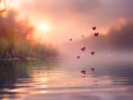 Romantic sunset scene with hearts floating over calm water. photo