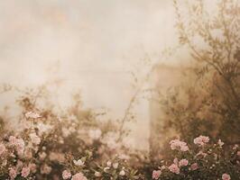 Soft light on a dreamy rose garden with a hazy background. photo