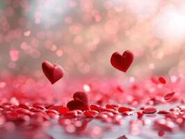 Floating red hearts and petals on bokeh background. photo