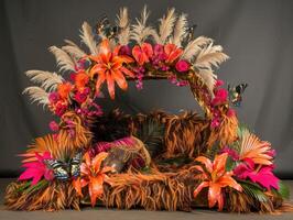 Vibrant floral arrangement adorns a plush, arched structure. photo