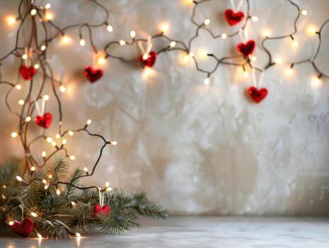 Festive lights, hearts, and evergreen branch on textured background. photo