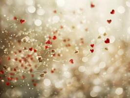 Romantic red hearts floating on branches with bokeh background. photo