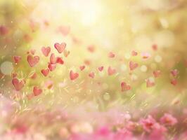 Magical spring bokeh background with pink hearts. photo