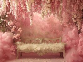 Romantic pink floral setting with white couch. photo