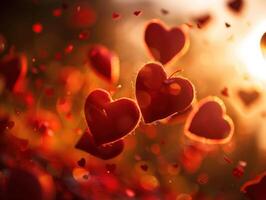 Red hearts floating in sunset bokeh. photo