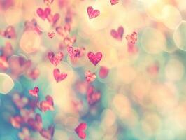 Sparkling red hearts falling on a bokeh background. photo