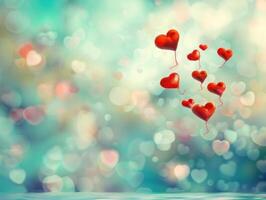 Red heart balloons float on a bokeh background. photo