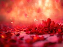 Two red hearts nestled in red rose petals against a bokeh background. photo