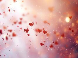 Red hearts falling on a soft, glowing background. photo