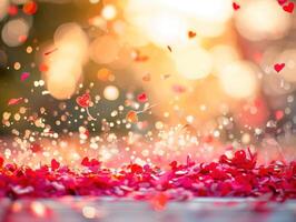Romantic red heart confetti falling on bokeh background. photo